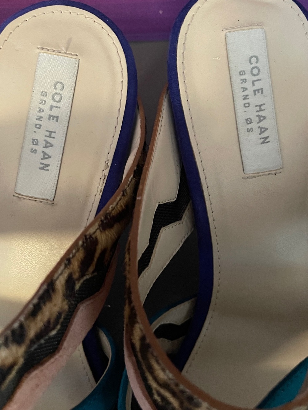 Cole Haan Amelia Haircalf Leopard Multicolor Suede Block High Heel Sandals 6B - Picture 5 of 12